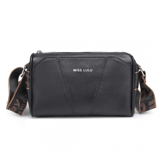 L2310 - MISS LULU SIMPLE AND ELEGANT WIDE STRAP GENUINE LEATHER CROSSBODY BAG - BLACK