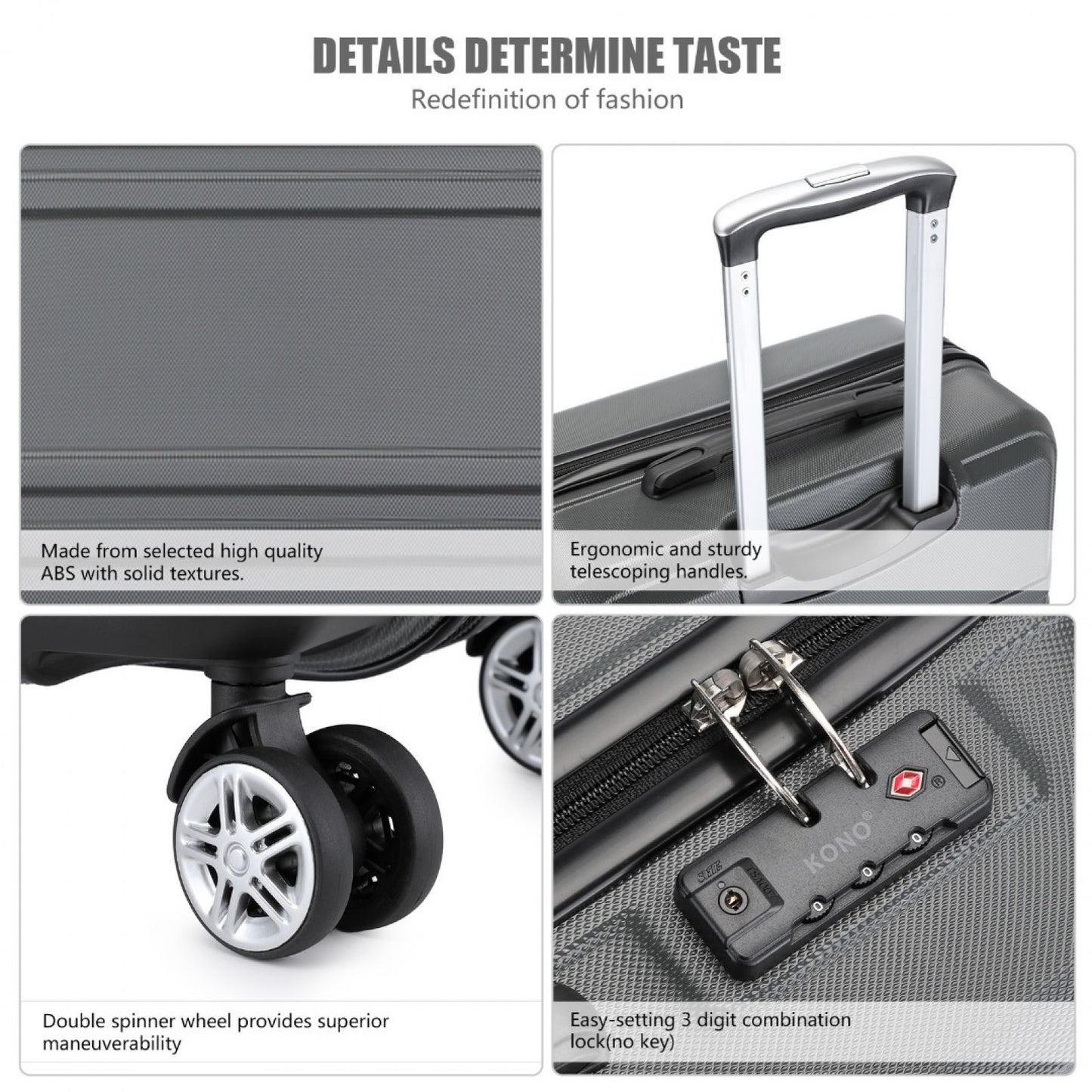 K1871-1L - KONO ABS 20 INCH SCULPTED HORIZONTAL DESIGN CABIN LUGGAGE - GREY - The Baggage Shop
