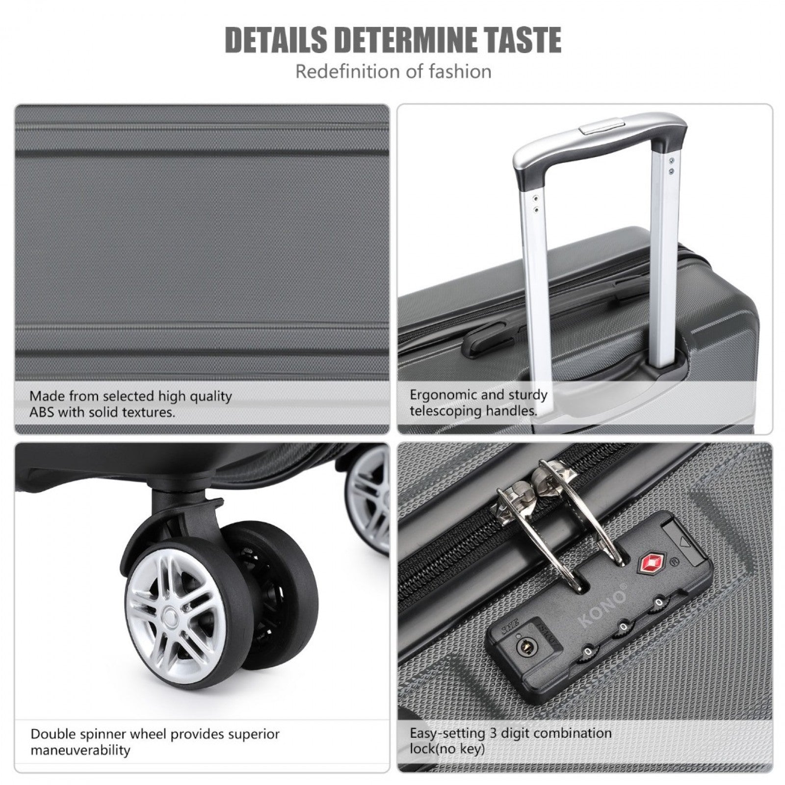 K1871-1L - KONO ABS 20 INCH SCULPTED HORIZONTAL DESIGN CABIN LUGGAGE - GREY - The Baggage Shop