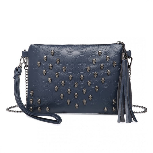 LH2412 - MISS LULU SOFT PU ULTRA-LIGHTWEIGHT CLUTCH BAG WITH SKULL EMBOSSING TASSEL DETAIL AND LONG CHAIN SHOULDER STRAP - NAVY