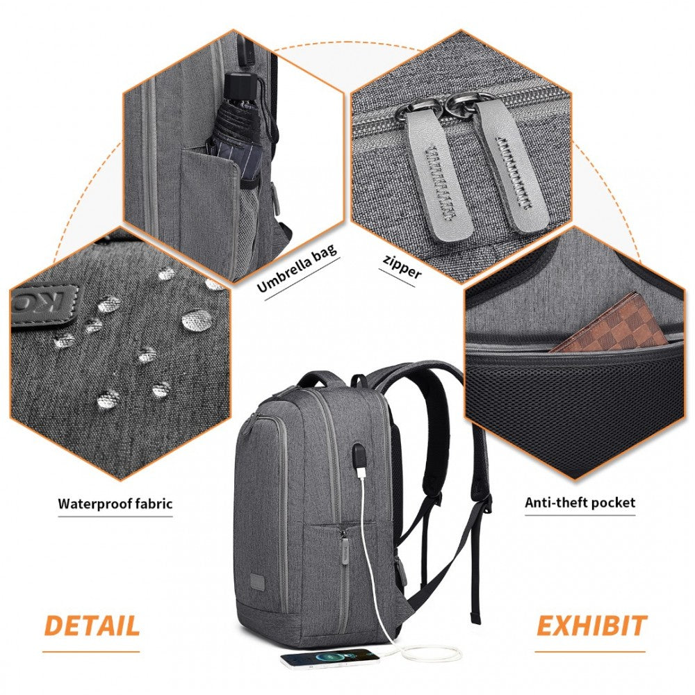 EM2111 - KONO MULTI-COMPARTMENT BACKPACK WITH USB PORT - GREY