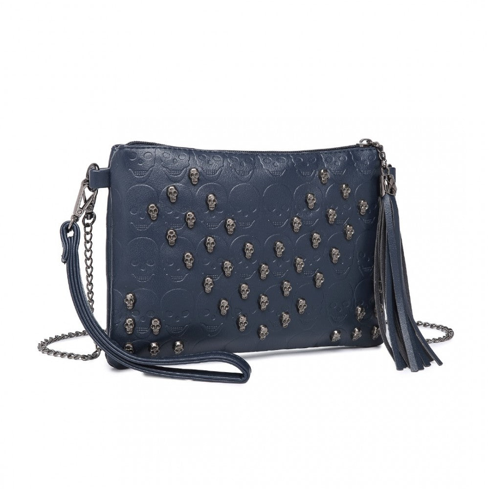 LH2412 - MISS LULU SOFT PU ULTRA-LIGHTWEIGHT CLUTCH BAG WITH SKULL EMBOSSING TASSEL DETAIL AND LONG CHAIN SHOULDER STRAP - NAVY