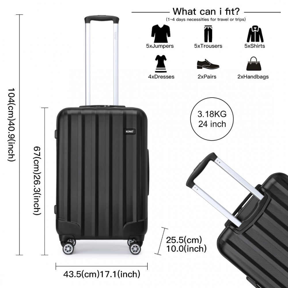 K1773-1L - KONO 24 INCH STRIPED ABS HARD SHELL LUGGAGE WITH 360-DEGREE SPINNER WHEELS - BLACK