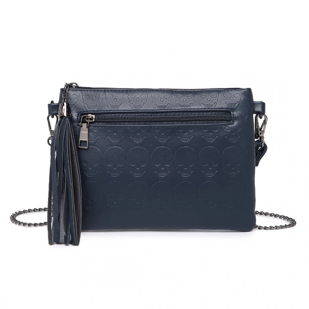 LH2412 - MISS LULU SOFT PU ULTRA-LIGHTWEIGHT CLUTCH BAG WITH SKULL EMBOSSING TASSEL DETAIL AND LONG CHAIN SHOULDER STRAP - NAVY