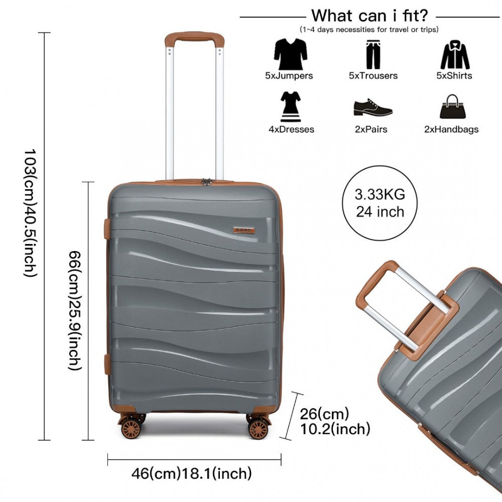 K2094L - KONO 24 INCH LIGHTWEIGHT POLYPROPYLENE HARD SHELL SUITCASE WITH TSA LOCK - GREY AND BROWN