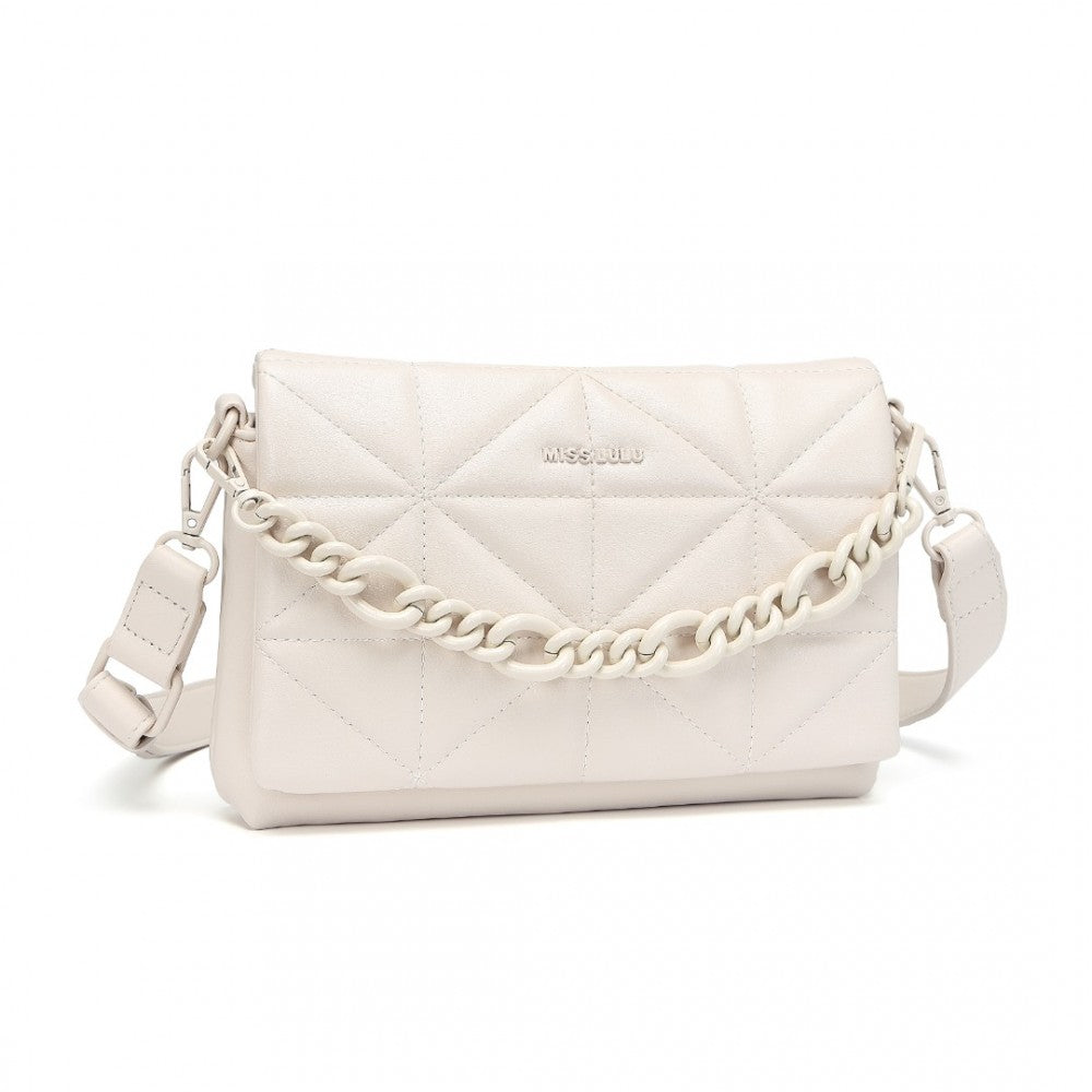 LG2318 - MISS LULU CHIC QUILTED SHOULDER BAG WITH CHAIN STRAP - BEIGE