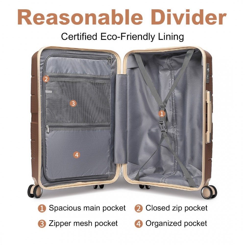 K2392L - BRITISH TRAVELLER 28 INCH MULTI-TEXTURE POLYPROPYLENE HARD SHELL SUITCASE WITH TSA LOCK - BROWN AND APRICOT