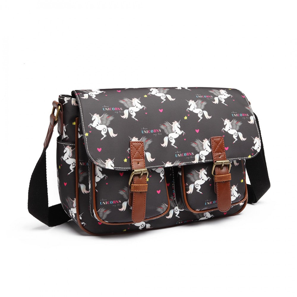 L1107 UN - MISS LULU MATTE OILCLOTH UNICORN SATCHEL - BLACK