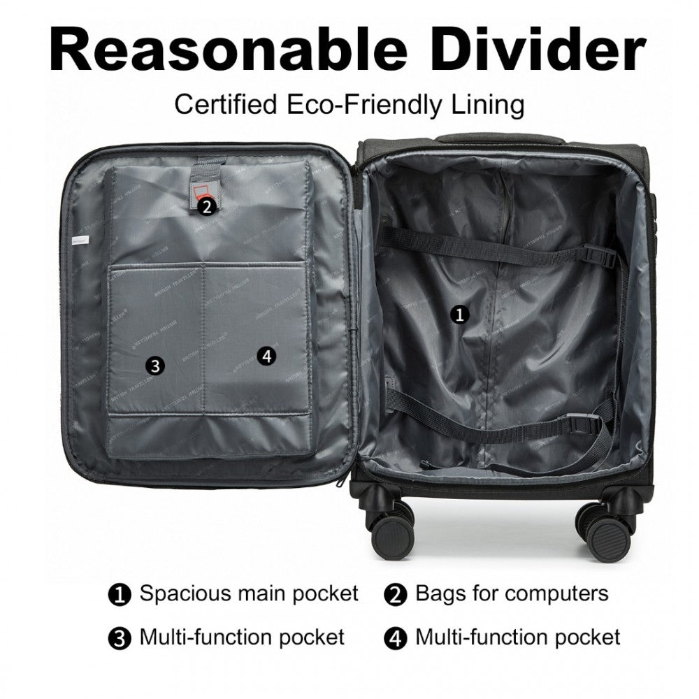 K2397L - BRITISH TRAVELLER 3-PIECE LIGHTWEIGHT SOFT SHELL LUGGAGE SET WITH TSA LOCKS - BLACK