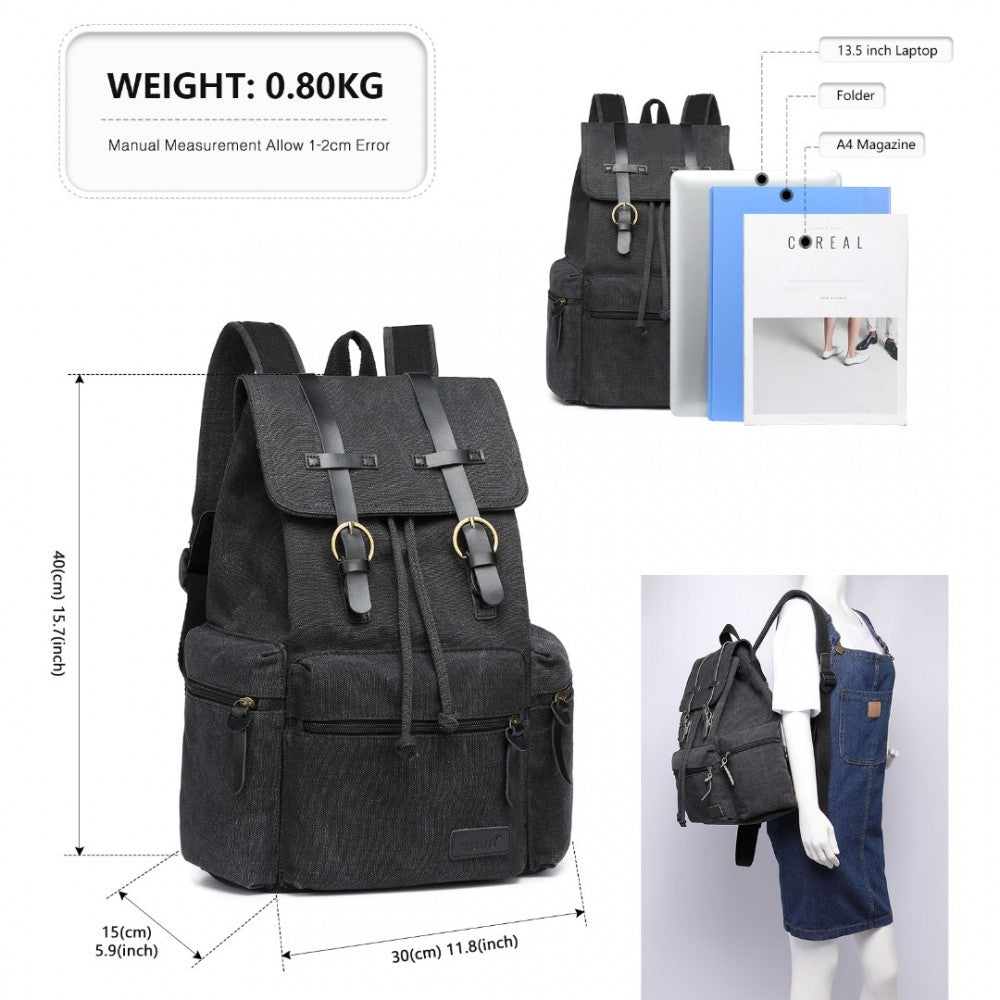 E1672 - KONO LARGE MULTI FUNCTION LEATHER DETAILS CANVAS BACKPACK - BLACK