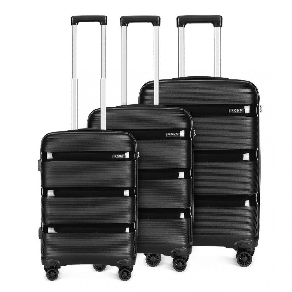 K2092L - KONO BRIGHT HARD SHELL PP SUITCASE 3 PIECES SET - CLASSIC COLLECTION - BLACK