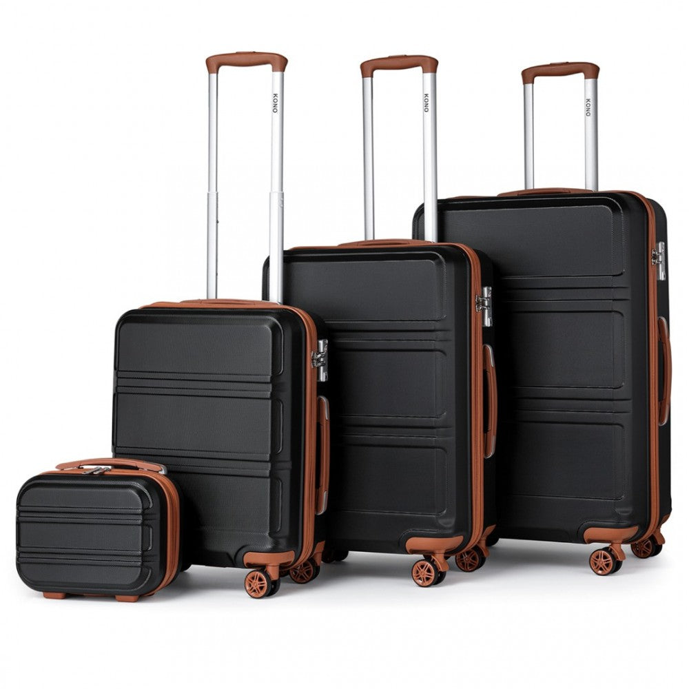 K1871-1L - KONO ABS SCULPTED HORIZONTAL DESIGN 4 PCS SUITCASE SET WITH VANITY CASE - BLACK AND BROWN