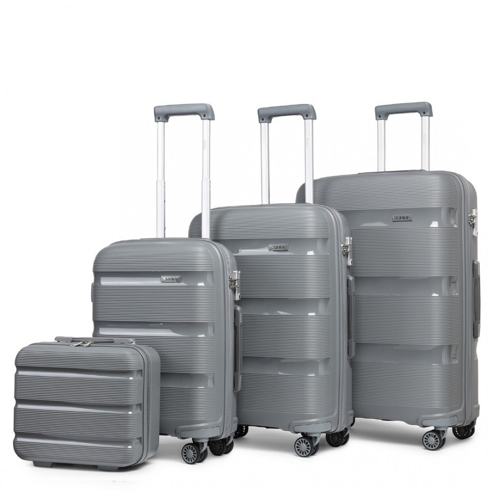 K2092L - KONO BRIGHT HARD SHELL PP SUITCASE WITH TSA LOCK AND VANITY CASE 4 PIECES SET - CLASSIC COLLECTION - GREY