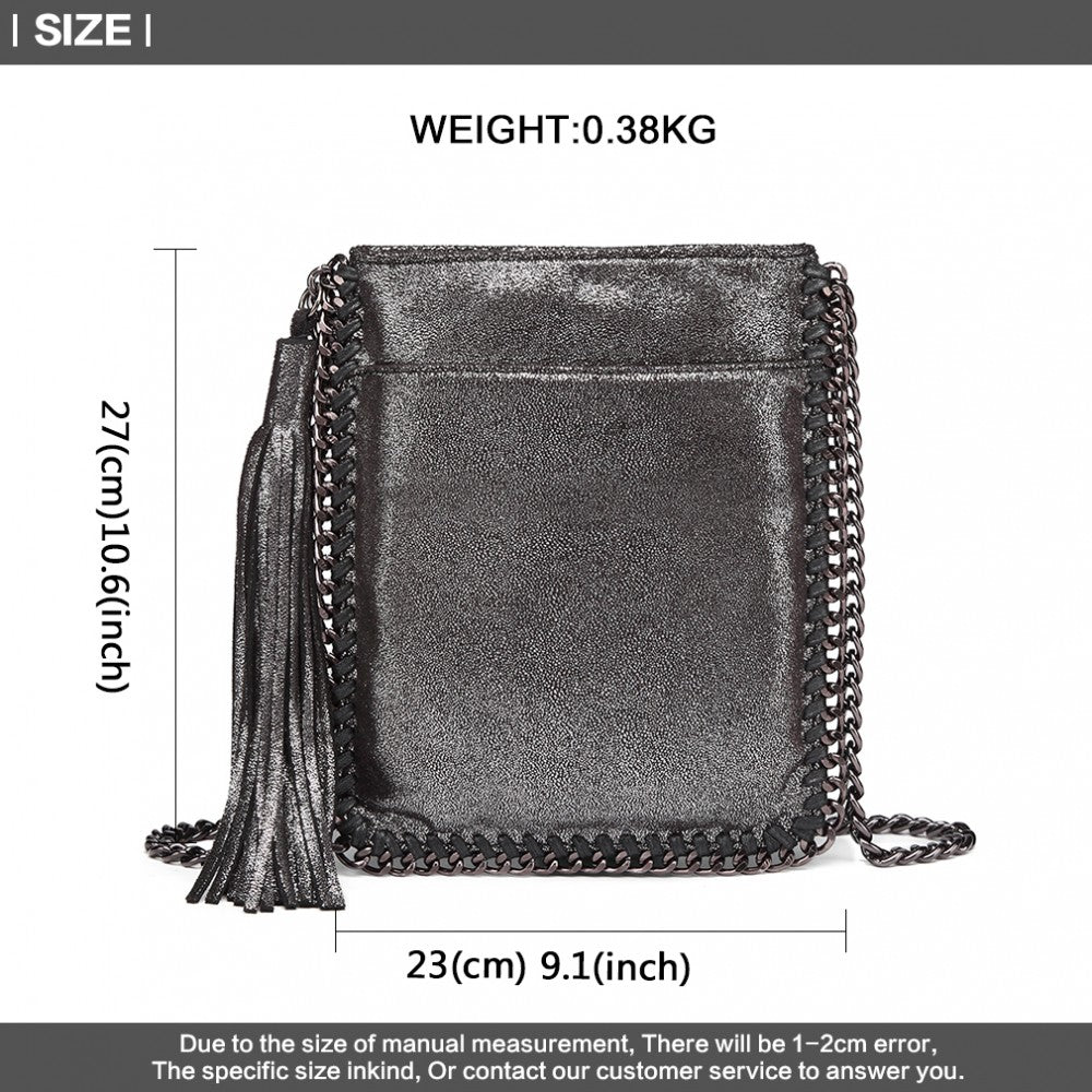 E6845 - MISS LULU LEATHER LOOK CHAIN SHOULDER BAG WITH TASSEL PENDANT - SILVER