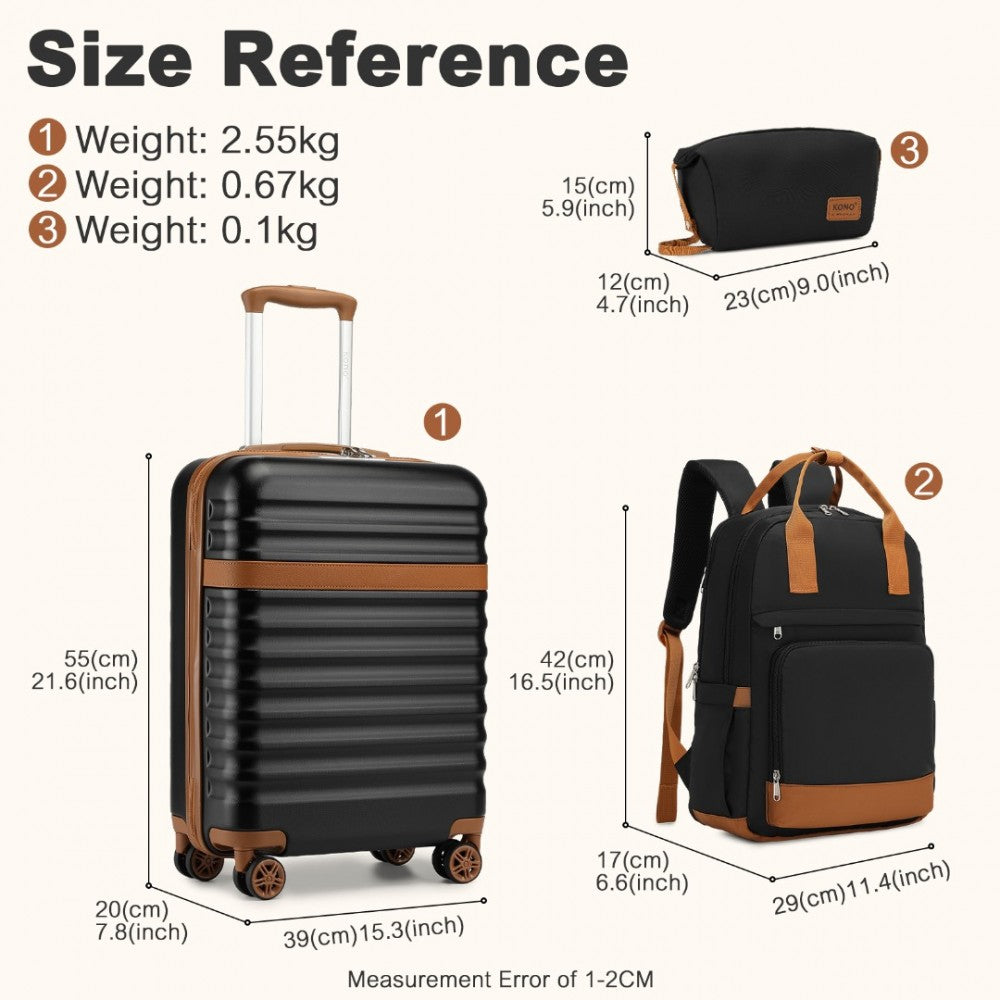 KSK2484+EQ2401 - KONO 20 INCH STYLISH HARD SHELL ABS+PC CABIN SUITCASE INCLUDED MULTI-COMPARTMENT BACKPACK WITH SMALL POUCH 3 PIECE TRAVEL SET - BLACK AND BROWN