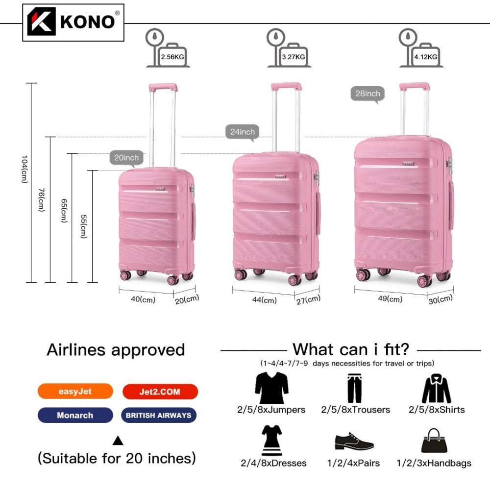 K2092L - VALIZA KONO BRIGHT HARD SHELL PP SET DE 3 PIESE - COLECȚIA CLASICĂ - ROZ