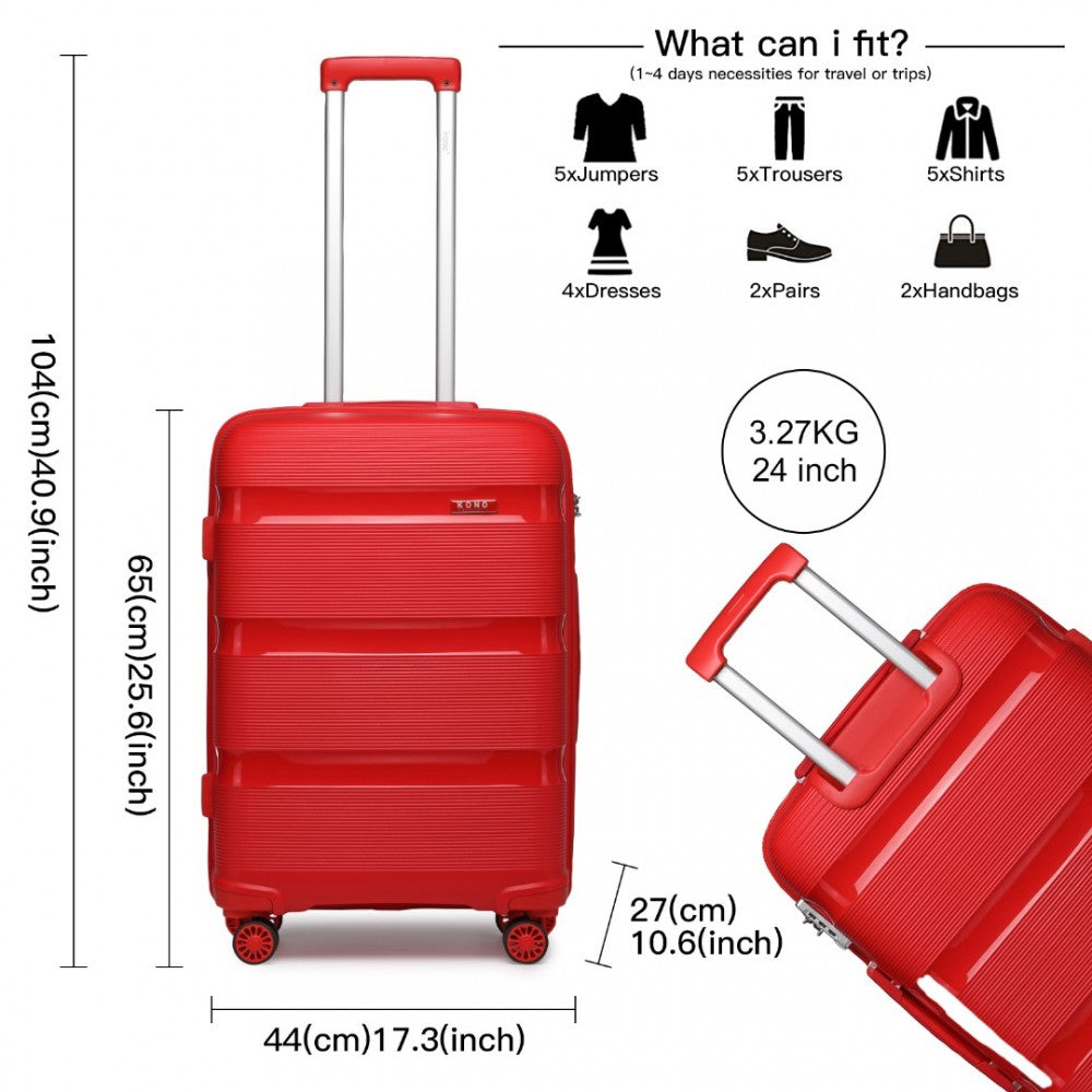 K2092L - KONO 24 INCH BRIGHT HARD SHELL PP SUITCASE - CLASSIC COLLECTION - RED