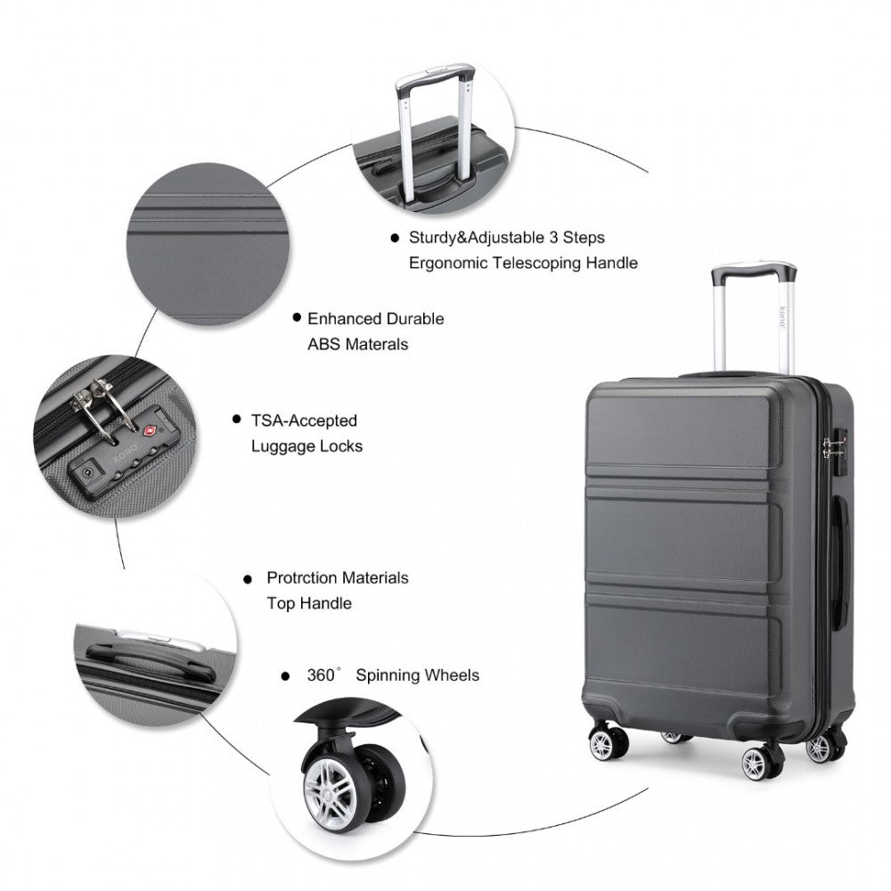 K1871-1L - KONO ABS SCULPTED HORIZONTAL DESIGN 3 PIECE SUITCASE SET - GREY