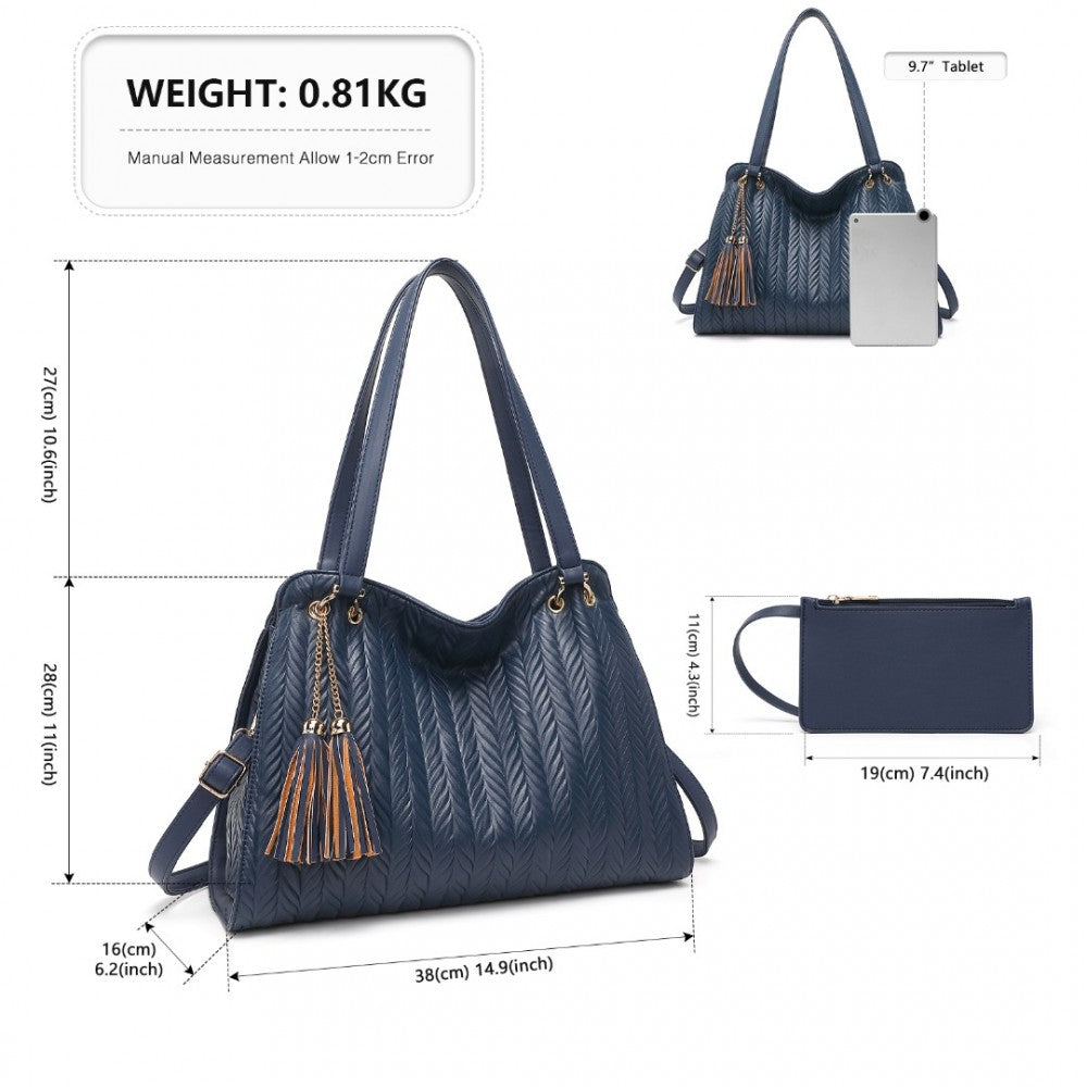 LG2339 - MISS LULU CHIC EMBOSSED TOTE WITH TASSEL DETAIL AND CARD POUCH - NAVY