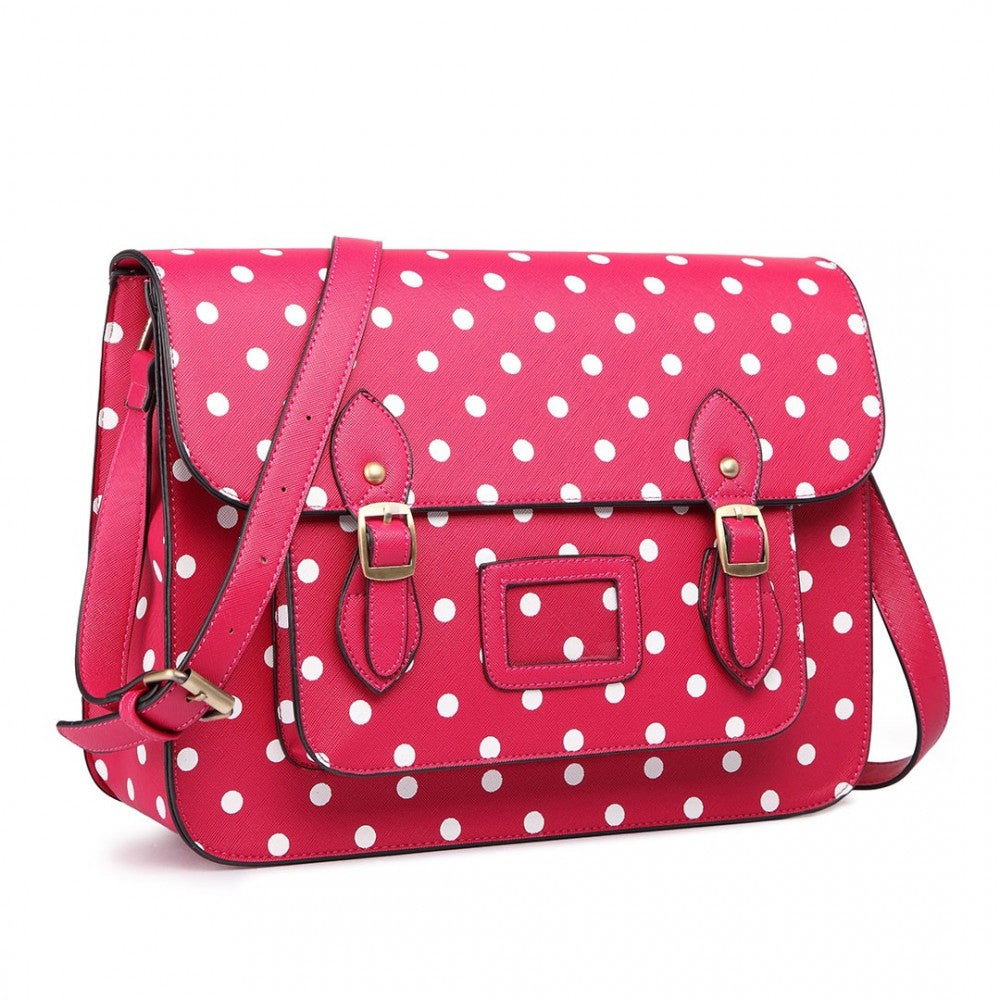 LT1665D2 - MISS LULU POLKA DOT LEATHER LOOK SCHOOL WORK SATCHEL PINK