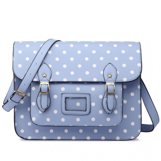 LT1665D2 - MISS LULU POLKA DOT LEATHER LOOK SCHOOL WORK SATCHEL LIGHT BLUE