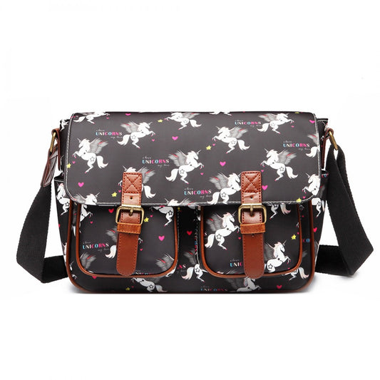 L1107 UN - MISS LULU MATTE OILCLOTH UNICORN SATCHEL - BLACK