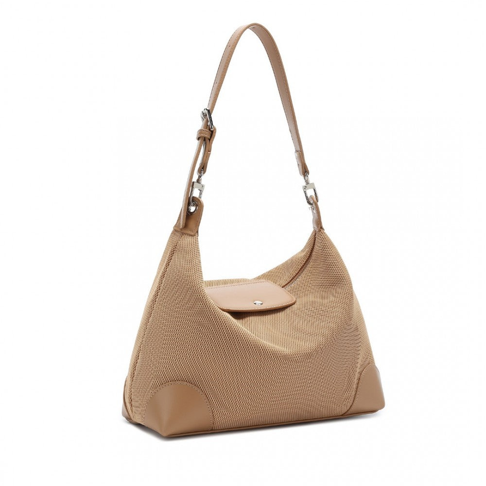 LD2364 - MISS LULU LIGHTWEIGHT CHIC MESH CASUAL SHOULDER BAG WITH PROTECTIVE PU ACCENTS - KHAKI