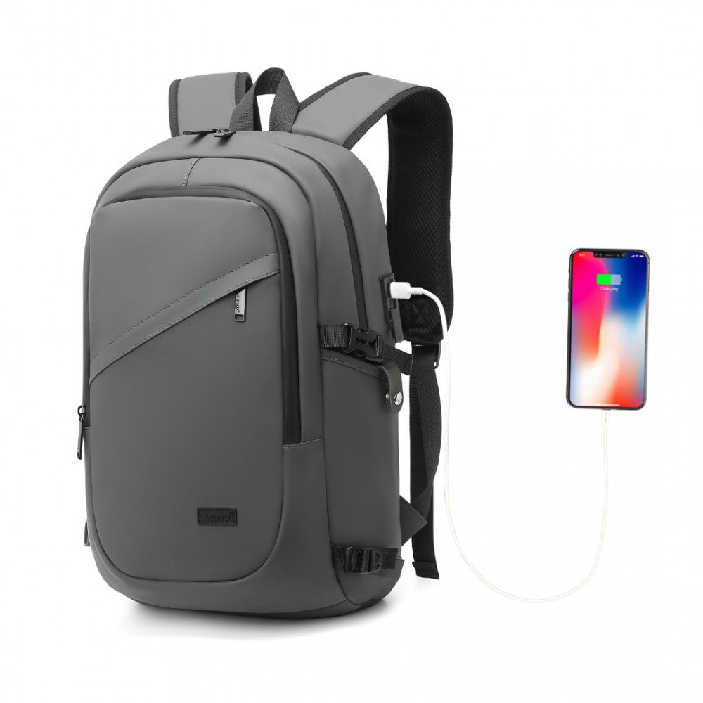 EM2349 - KONO PVC COATED WATER-RESISTANT TECH BACKPACK WITH USB CHARGING PORT - GREY