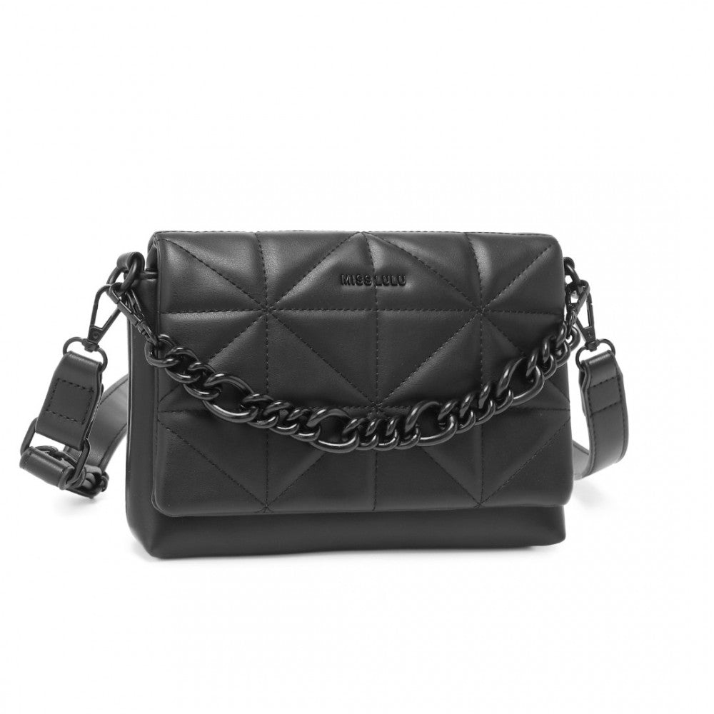 LG2318 - MISS LULU CHIC QUILTED SHOULDER BAG WITH CHAIN STRAP - BLACK