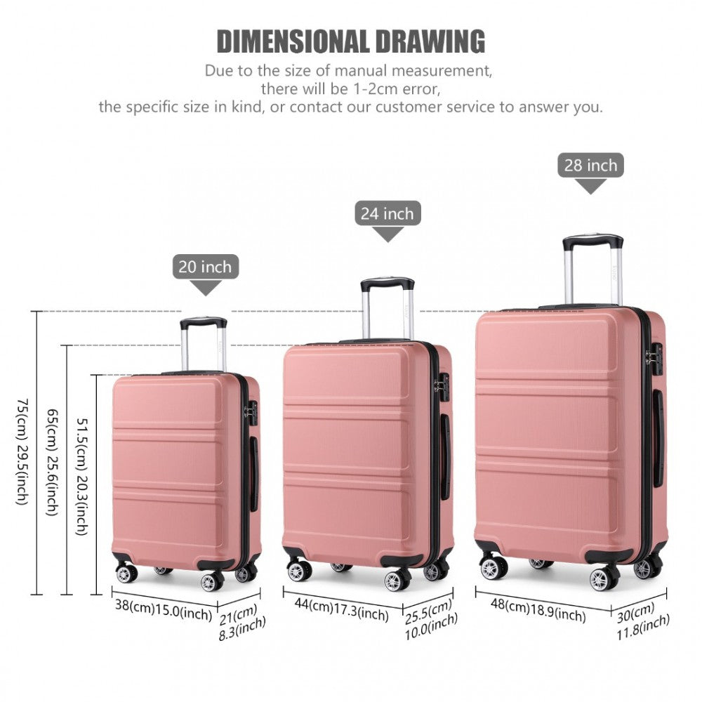 K1871-1L - KONO ABS SCULPTED HORIZONTAL DESIGN 3 PIECE SUITCASE SET - NUDE