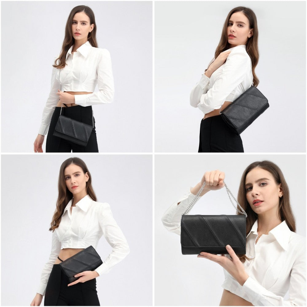 EH2257 - MISS LULU STYLISH TWILL CLUTCH LEATHER CHAIN EVENING BAG - BLACK