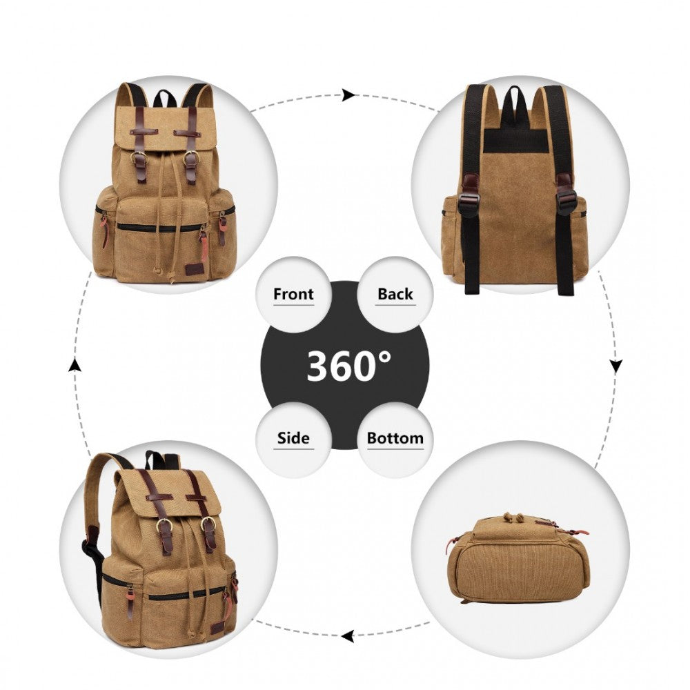 E1672 - KONO LARGE MULTI FUNCTION LEATHER DETAILS CANVAS BACKPACK - BROWN