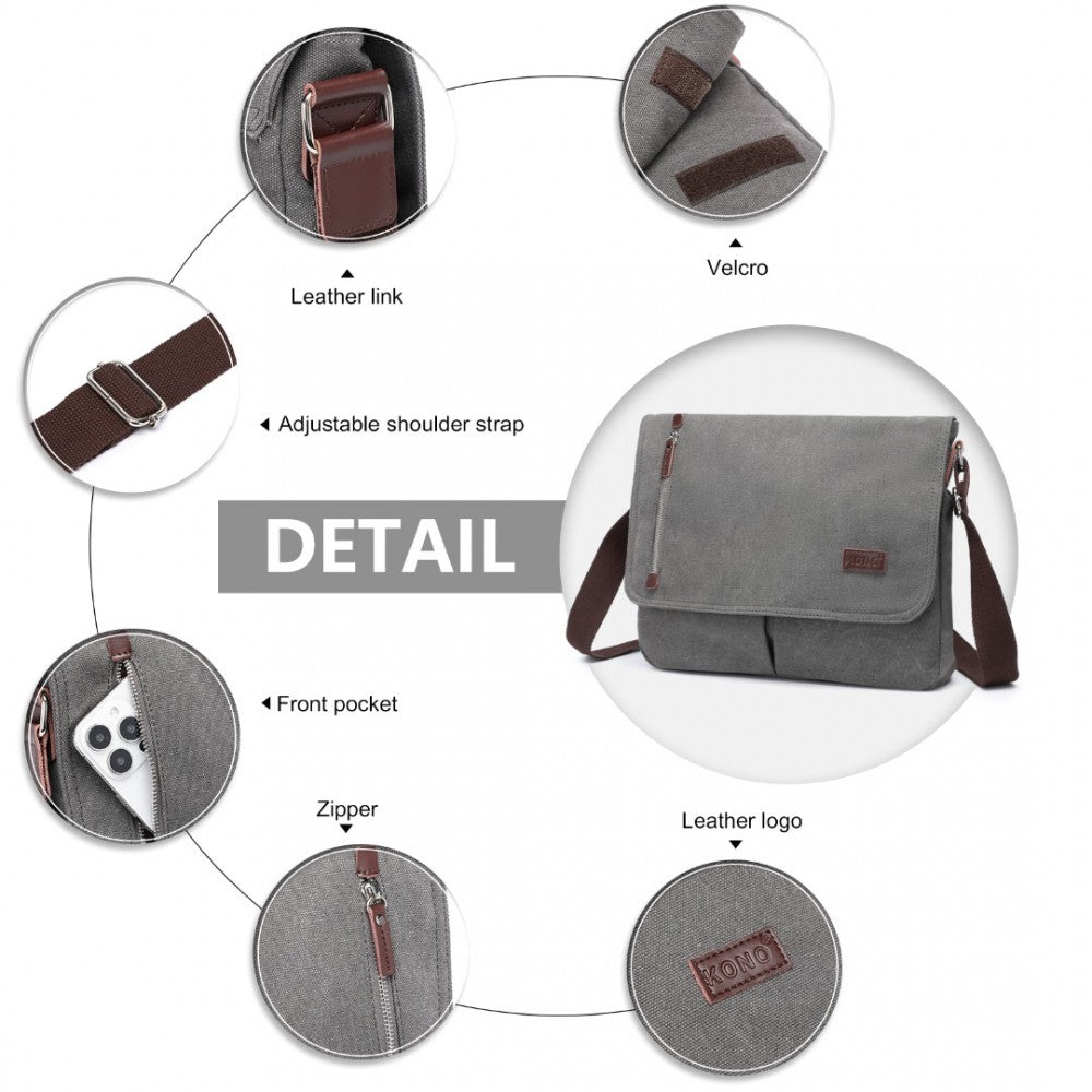 MSK2421 - KONO DURABLE CANVAS CROSSBODY BAG WITH VELCRO FLAP CLOSURE FOR EVERYDAY USE - GREY