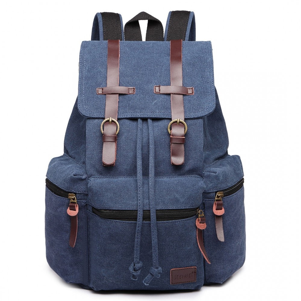 E1672 - KONO LARGE MULTI FUNCTION LEATHER DETAILS CANVAS BACKPACK - BLUE