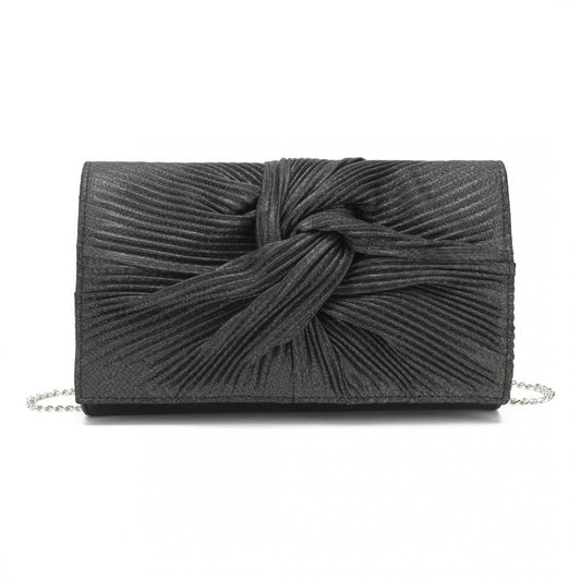 LH2252 - MISS LULU WOMEN'S PLEATED BOW EVENING BAG CLUTCH HANDBAG - BLACK