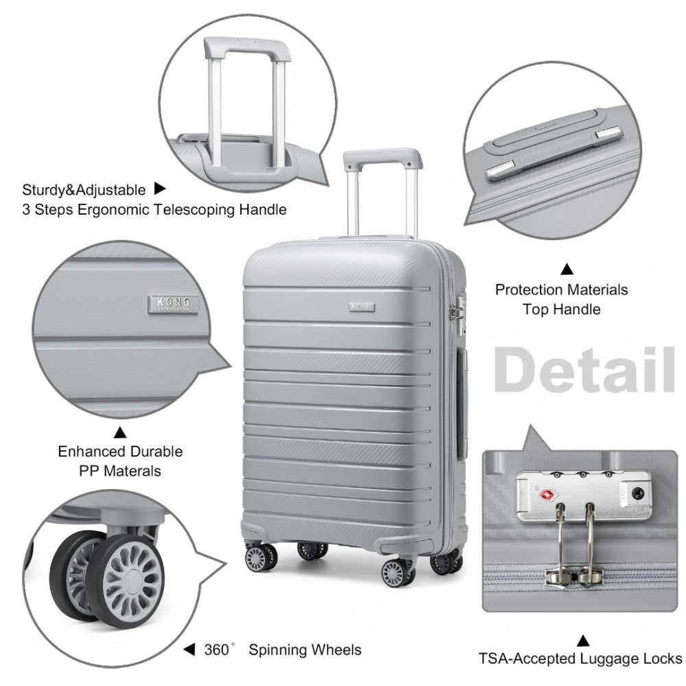 K2091L - KONO MULTI TEXTURE HARD SHELL PP SUITCASE 3 PIECES SET - CLASSIC COLLECTION - GREY