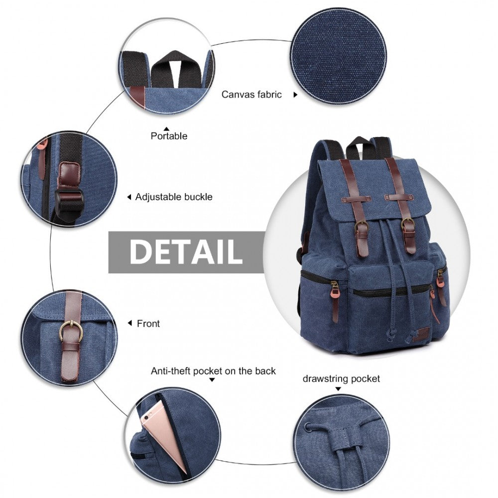 E1672 - KONO LARGE MULTI FUNCTION LEATHER DETAILS CANVAS BACKPACK - BLUE