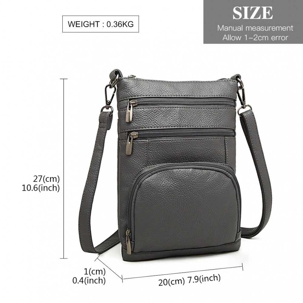 LB6927 - MISS LULU MULTI POCKET LEATHER LOOK RFID-BLOCKING CROSS BODY BAG - GREY