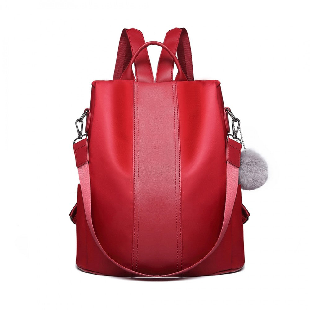 LG1903 - MISS LULU TWO WAY BACKPACK SHOULDER BAG WITH POM POM PENDANT - RED