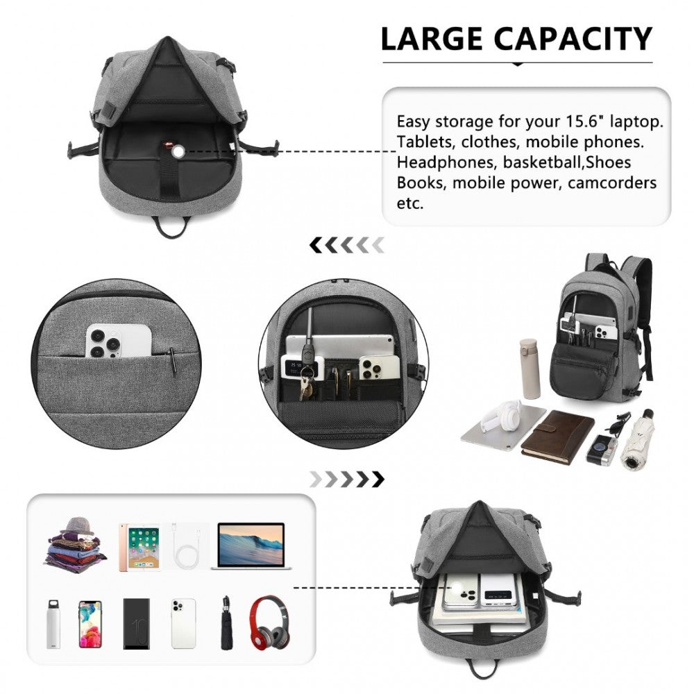 EM2347 - KONO MULTI-COMPARTMENT WATER-RESISTANT BACKPACK WITH USB CHARGING PORT - GREY