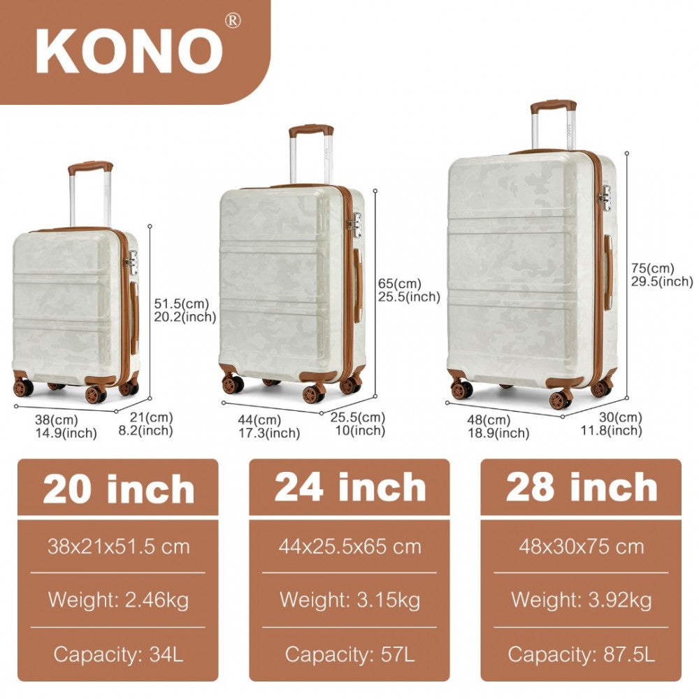 K1871-1L - KONO ABS SCULPTED HORIZONTAL DESIGN 3 PIECE SUITCASE SET - CAMOUFLAGE CREAM AND BROWN