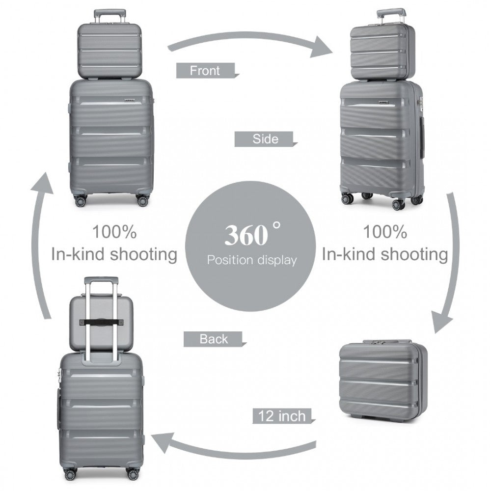 K2092L - KONO BRIGHT HARD SHELL PP SUITCASE WITH TSA LOCK AND VANITY CASE 4 PIECES SET - CLASSIC COLLECTION - GREY