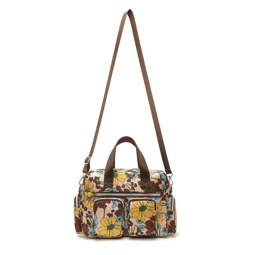 MSK2434F - KONO VERSATILE MULTI-POCKET TRAVEL BAG WITH ADJUSTABLE DETACHABLE STRAP AND FLOWER PRINT - KHAKI