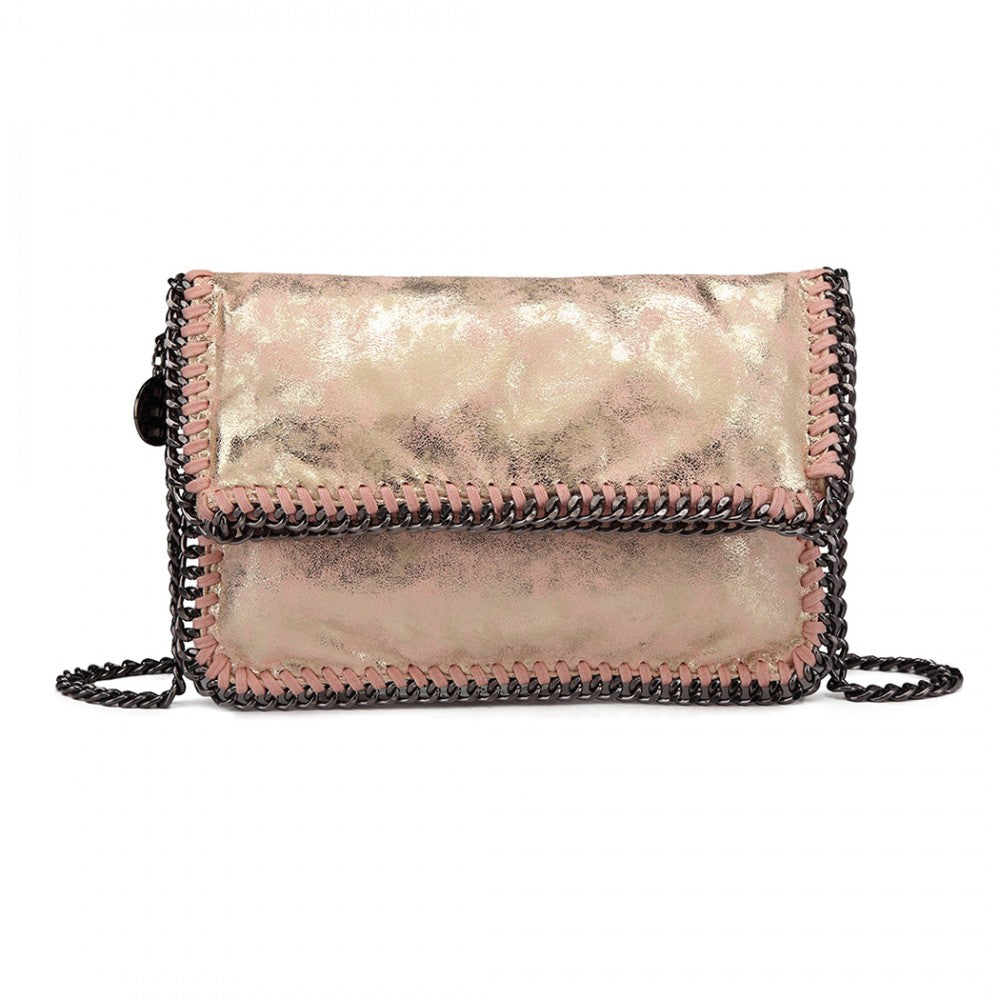 E6843 - MISS LULU LEATHER LOOK FOLDED METAL CHAIN CLUTCH SHOULDER BAG - PINK