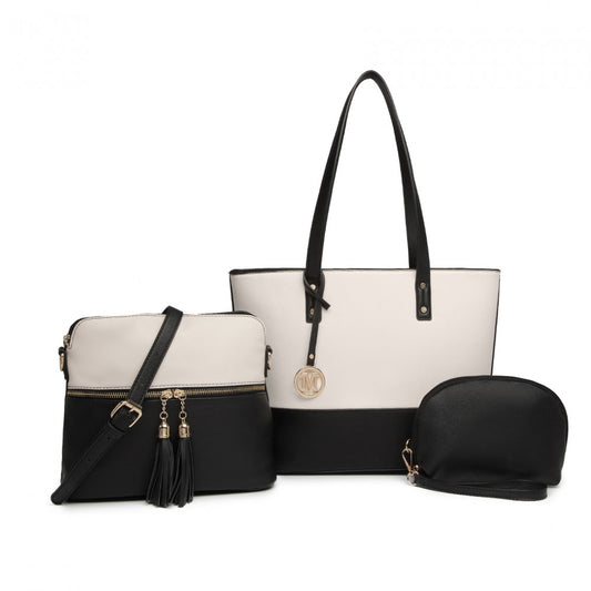 LG2023 - MISS LULU 3 PIECE LEATHER LOOK TOTE BAG SET - BLACK AND BEIGE