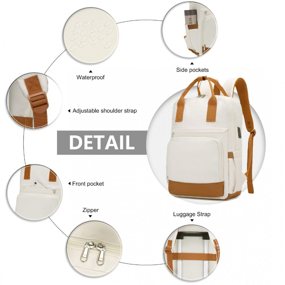 EQ2401 - KONO MULTI-COMPARTMENT LAPTOP BACKPACK WITH TYPE-C USB CHARGING PORT AND SMALL POUCH FOR DAILY COMMUTE AND TRAVEL - CREAM AND BROWN