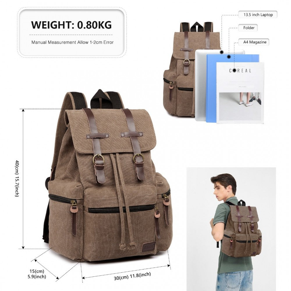 E1672 - KONO LARGE MULTI FUNCTION LEATHER DETAILS CANVAS BACKPACK - COFFEE