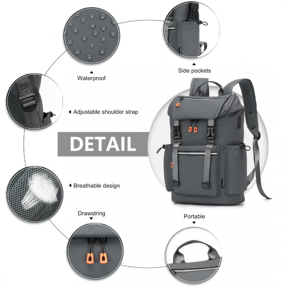 EQ2404 - KONO ADVANCED LEISURE BACKPACK WITH REFLECTIVE SAFETY FEATURES USB CHARGING AND DEDICATED LAPTOP SLEEVE - GREY