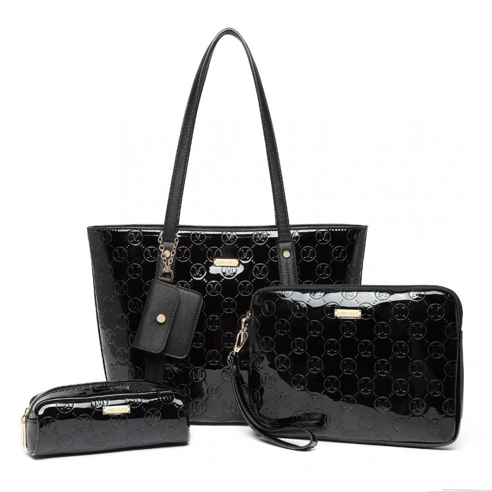 LD2217 - MISS LULU 4 PIECES GLOSSY LEATHER TOTE BAG SET - BLACK