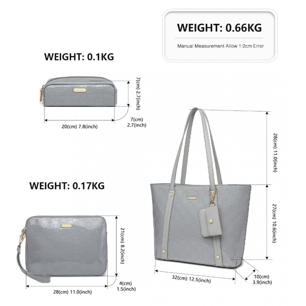 LD2217 - MISS LULU 4 PIECES GLOSSY LEATHER TOTE BAG SET - GREY